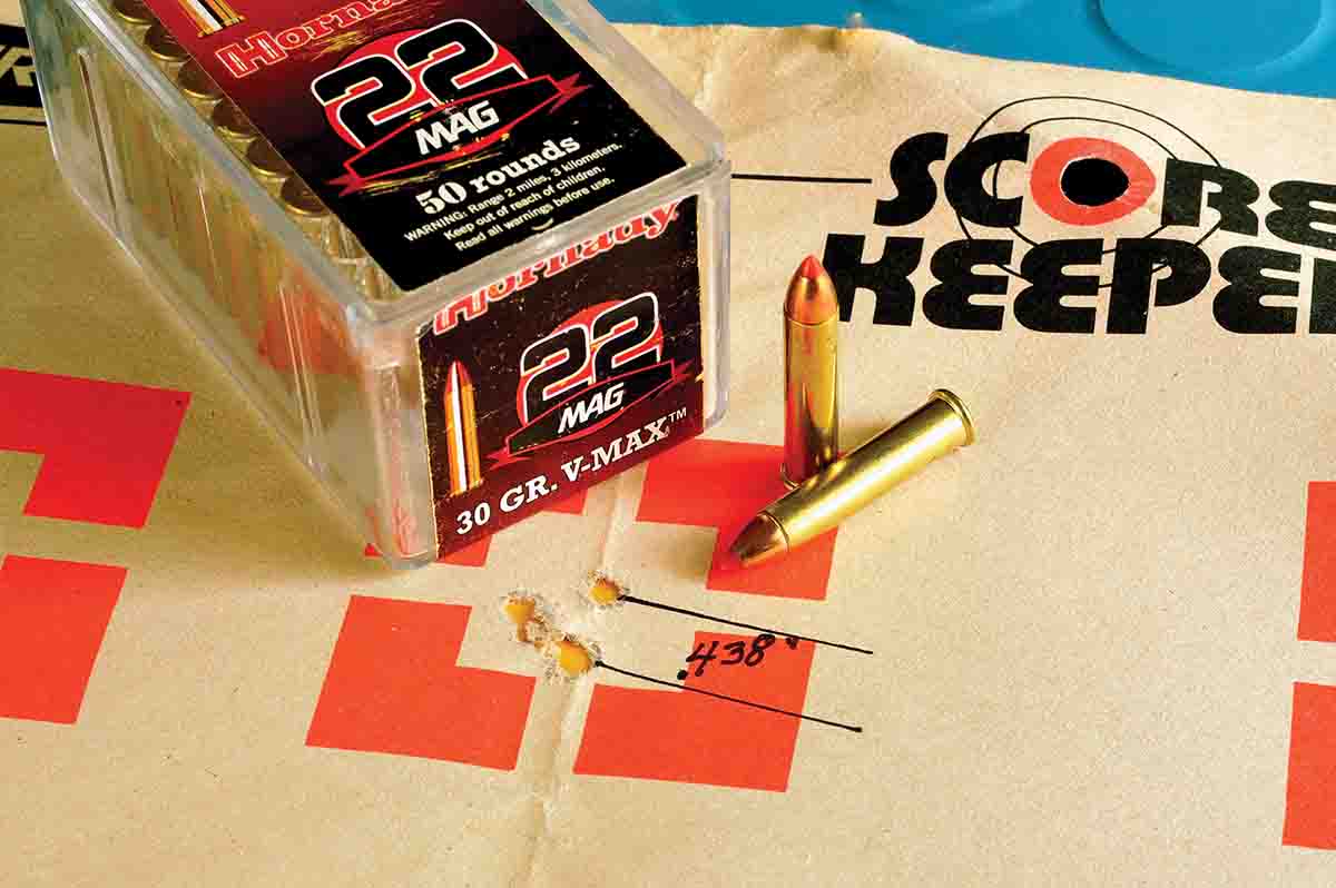 While it’s always nice to total up averages for a specific ammunition, it is always fun to see what a rifle will do when it comes to the smallest, overall group. With the test rifle, the Hornady 30-grain V-MAX provided this .438-inch group at 50 yards.